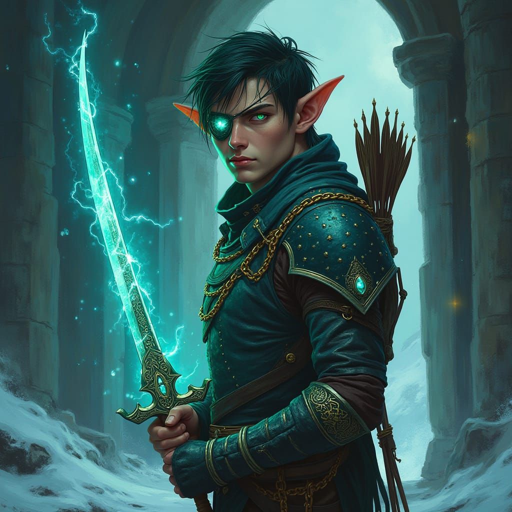 Confident Half-Elf Archer Stands at Frozen Ruin Entrance