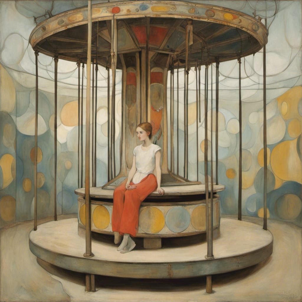 Girl on Derelict Carousel, Surreal Digital Art