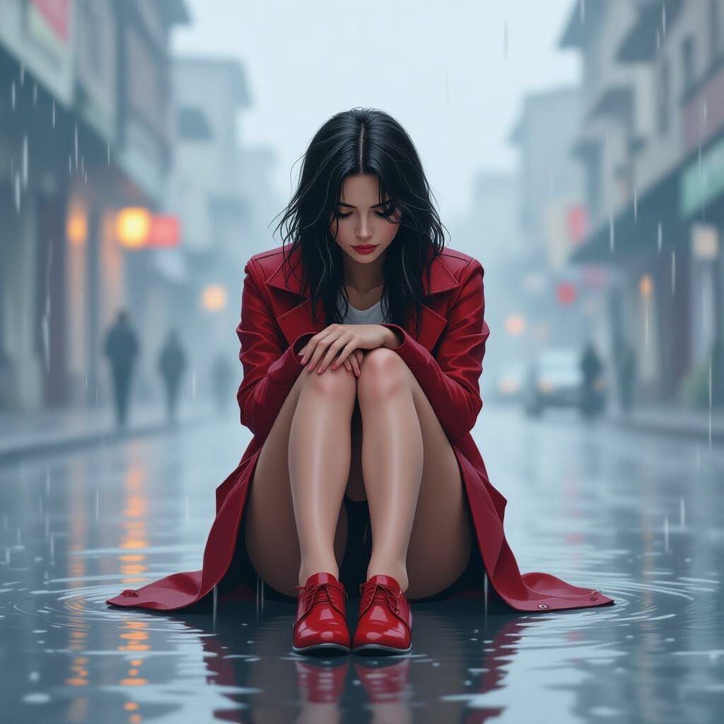 Melancholic Woman in Rain, Digital Art Style