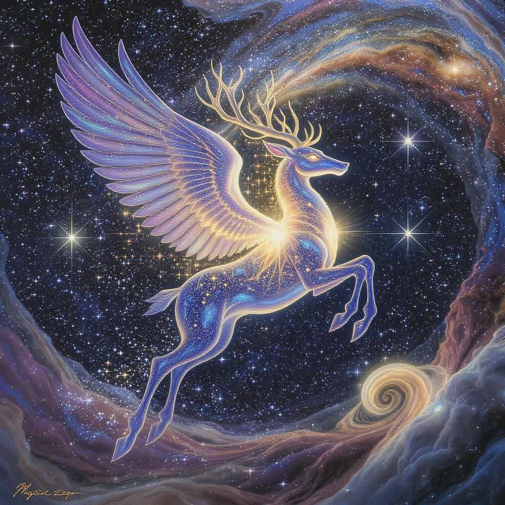 Celestial Deer with Iridescent Wings and Cosmic Orb