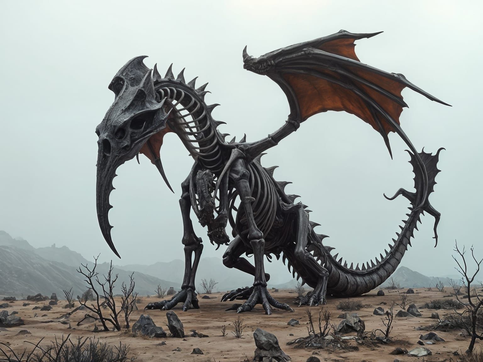 Gothic Undead Dragon Skeleton in Barren Landscape