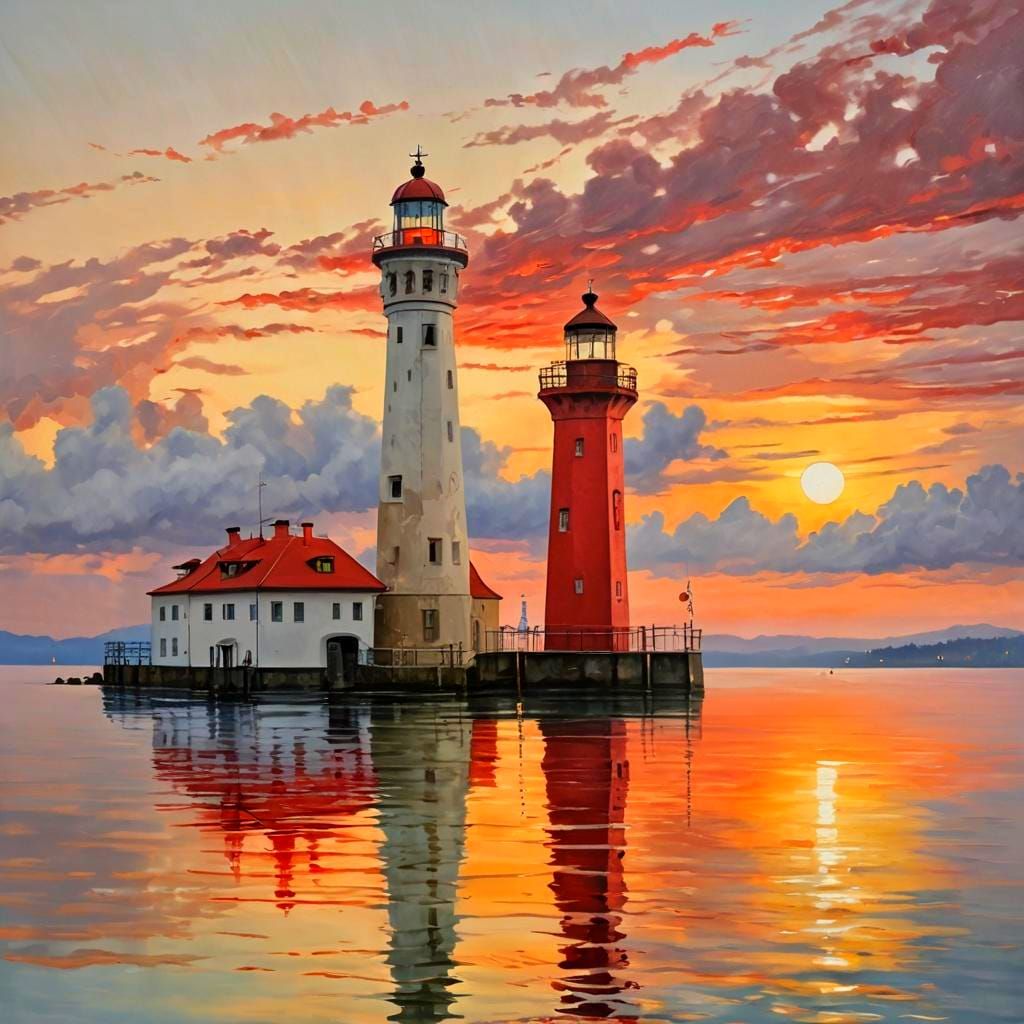 Impressionist Painting of Lindau Lighthouse at Sunset