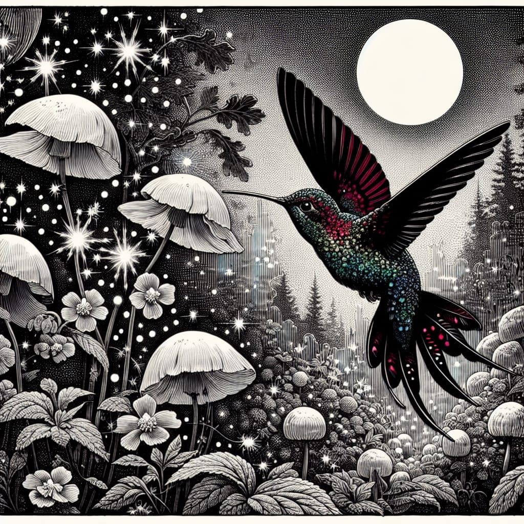 Hummingbird in Fairy Garden: Doré-Inspired Engraving