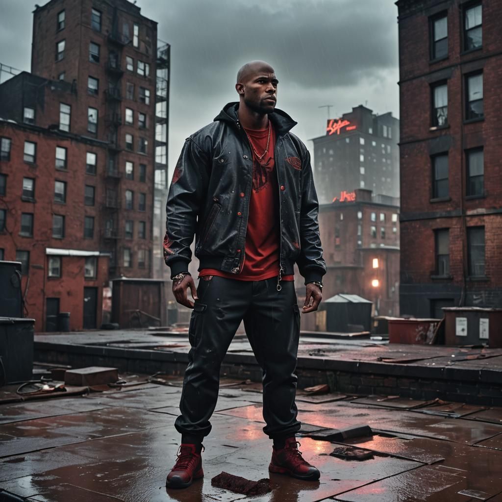 Dark Fantasy: Bald Man on Rainy Rooftop