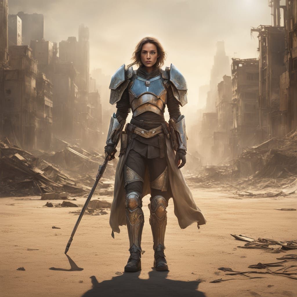 Futuristic Warrior in Gleaming Armor in Sandy City