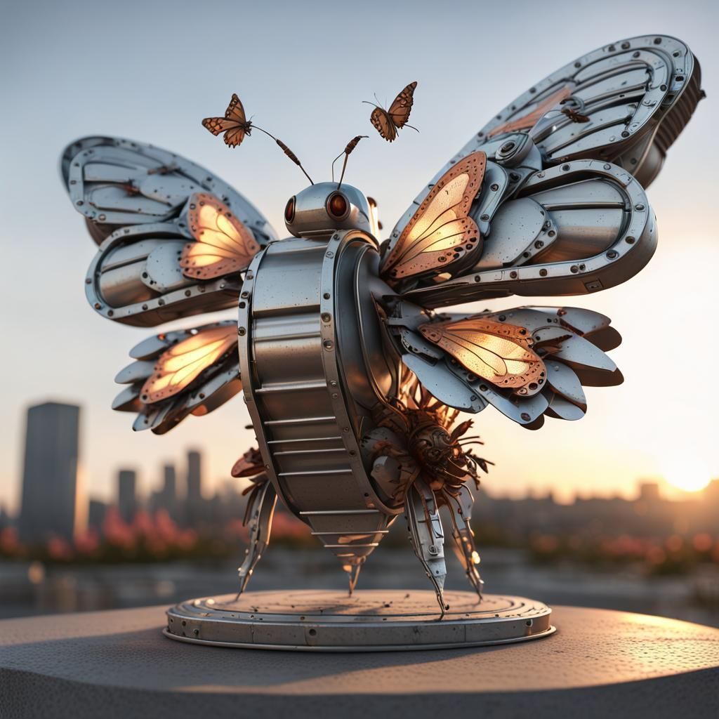 Metal Flower Statue with Butterflies and Bees