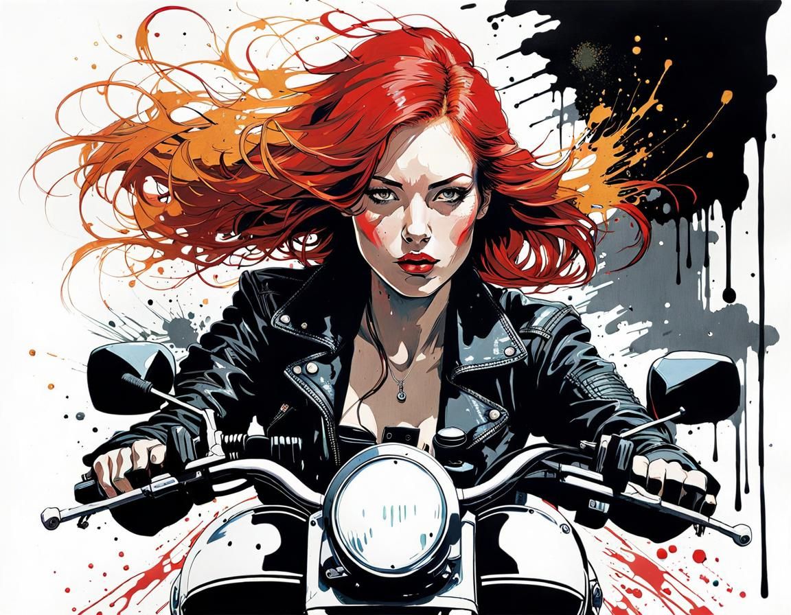Redhead Biker Girl Portrait in Ink Splatter Style