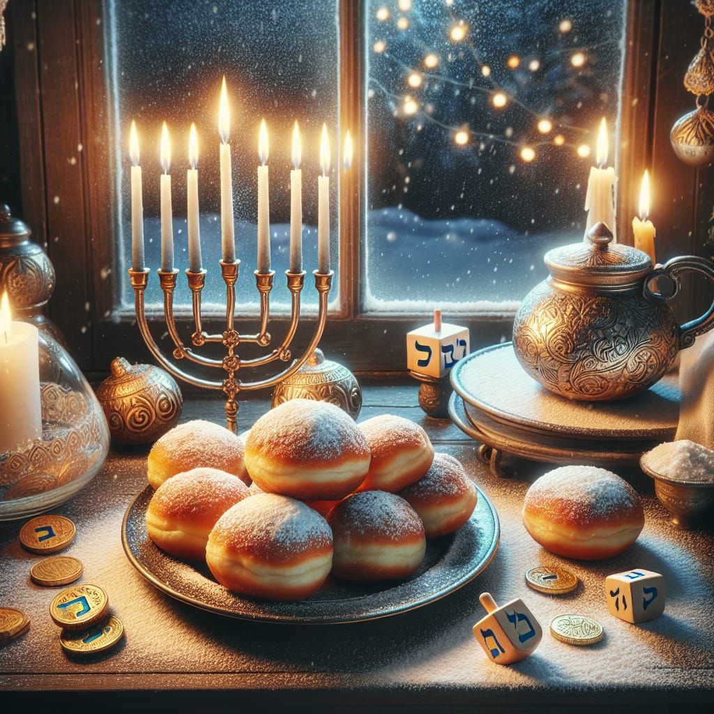 Hanukkah Celebration with Menorah and Sufganiyot