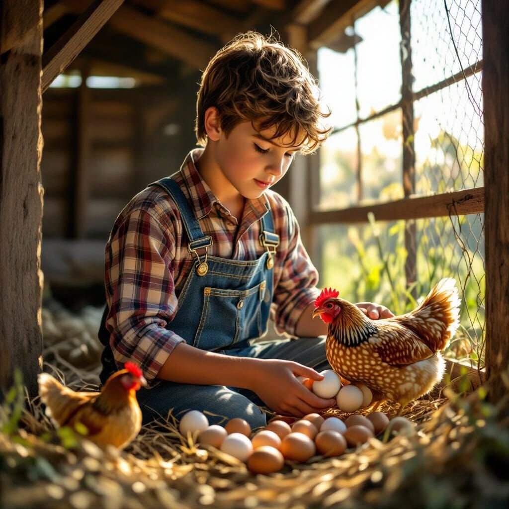 Farm Boy Collecting Eggs in Mystical Realism Style