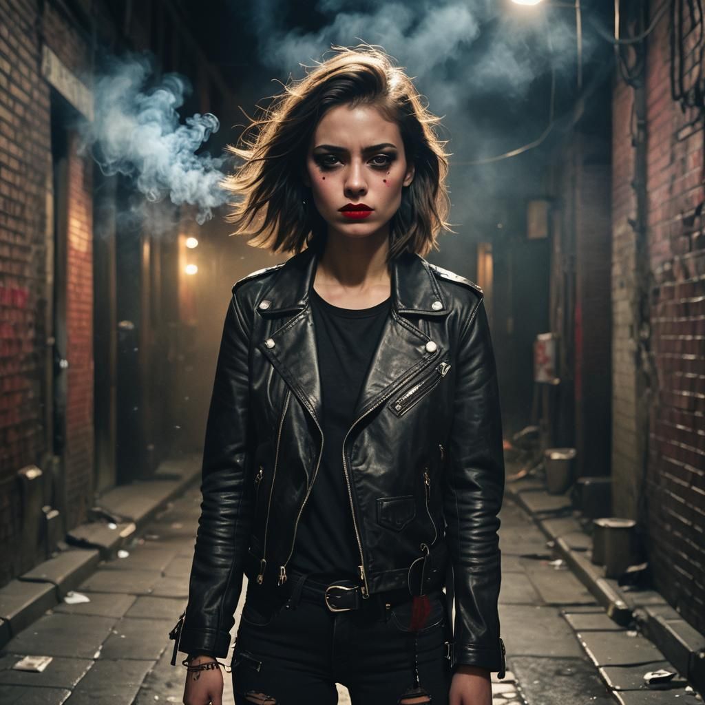 Rebellious Woman in Dim Alleyway: Cinematic Film Still