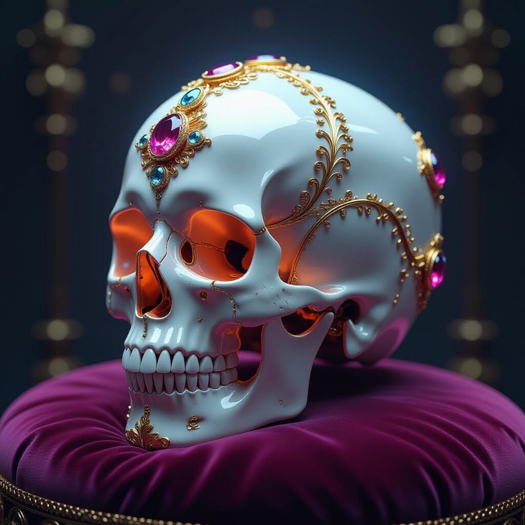 Ornate Gold Skull with Glowing Quantum Circuitry