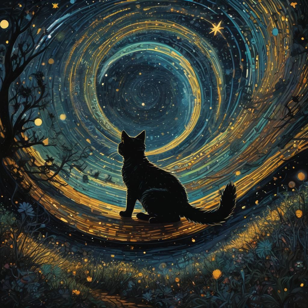 Obsidian Vortex with Light Tendrils and Jumping Cat