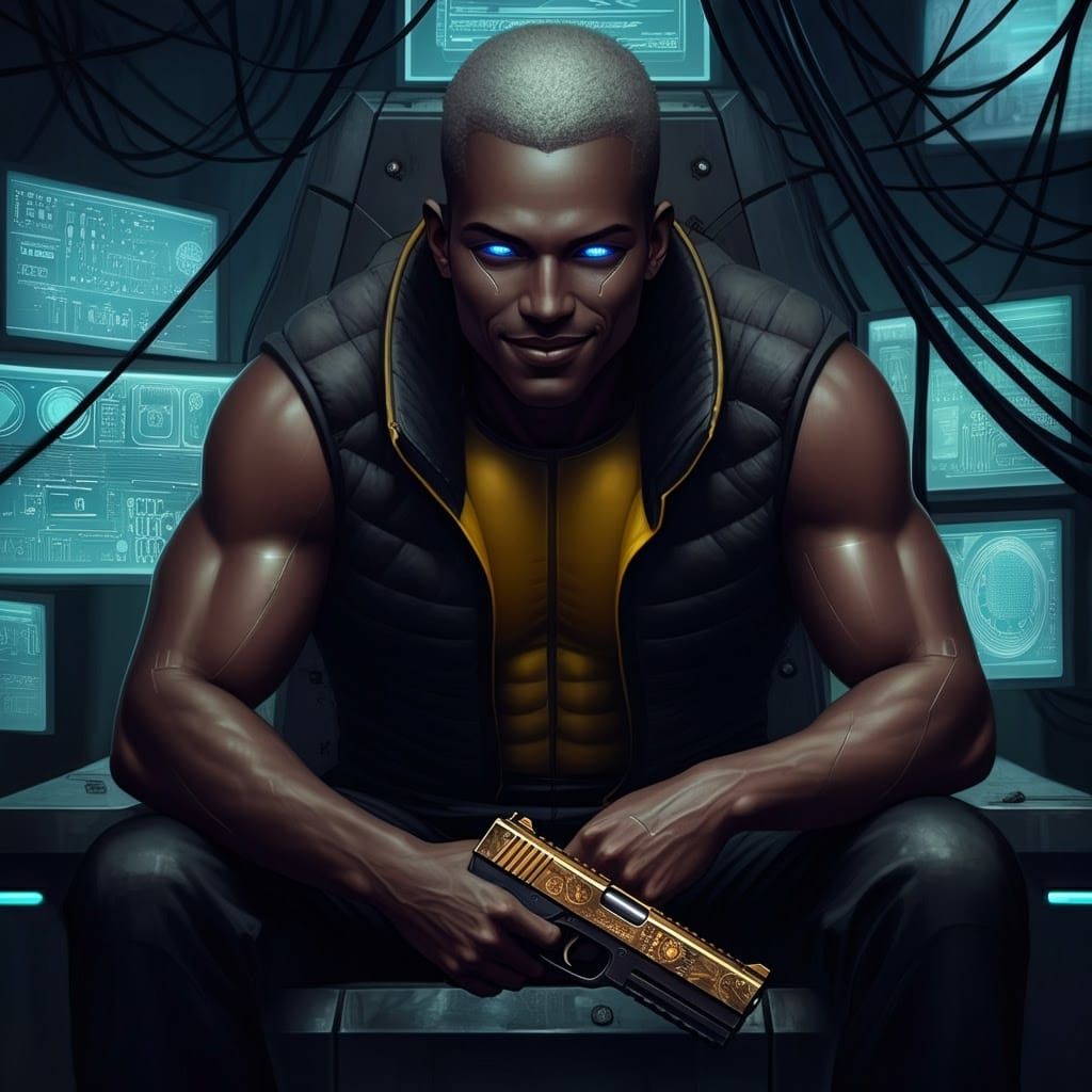 Cyberpunk Hero Exudes Quiet Confidence in High-Tech Lair