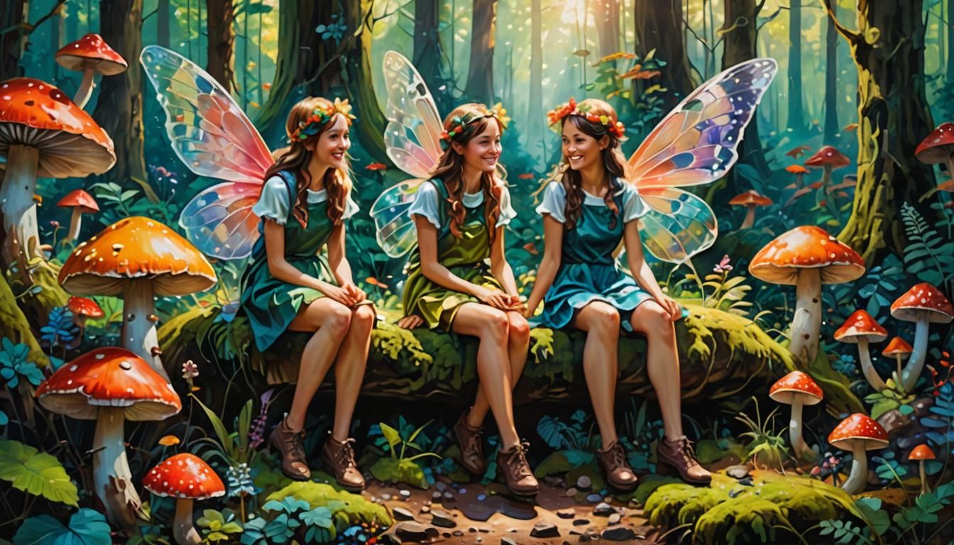 Fairies in a Vibrant Toadstool Forest, Oil Painting