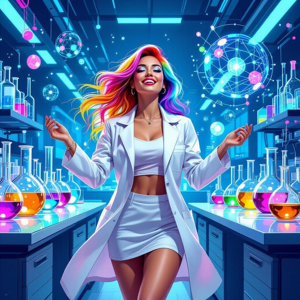 Joyful Scientist Dances in High-Tech Pop Art Lab
