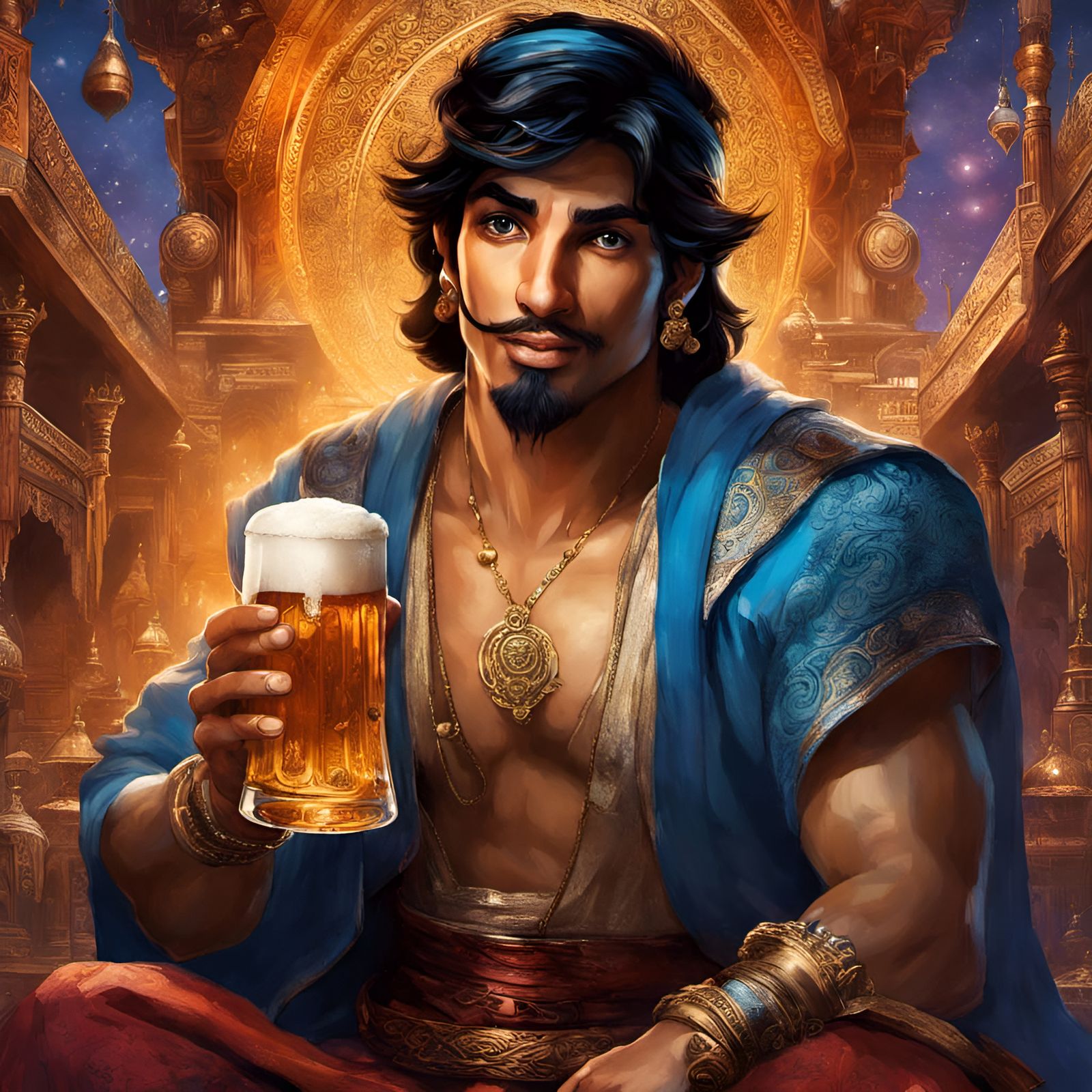 Aladdin Portrait with Beer in Illustrative Style
