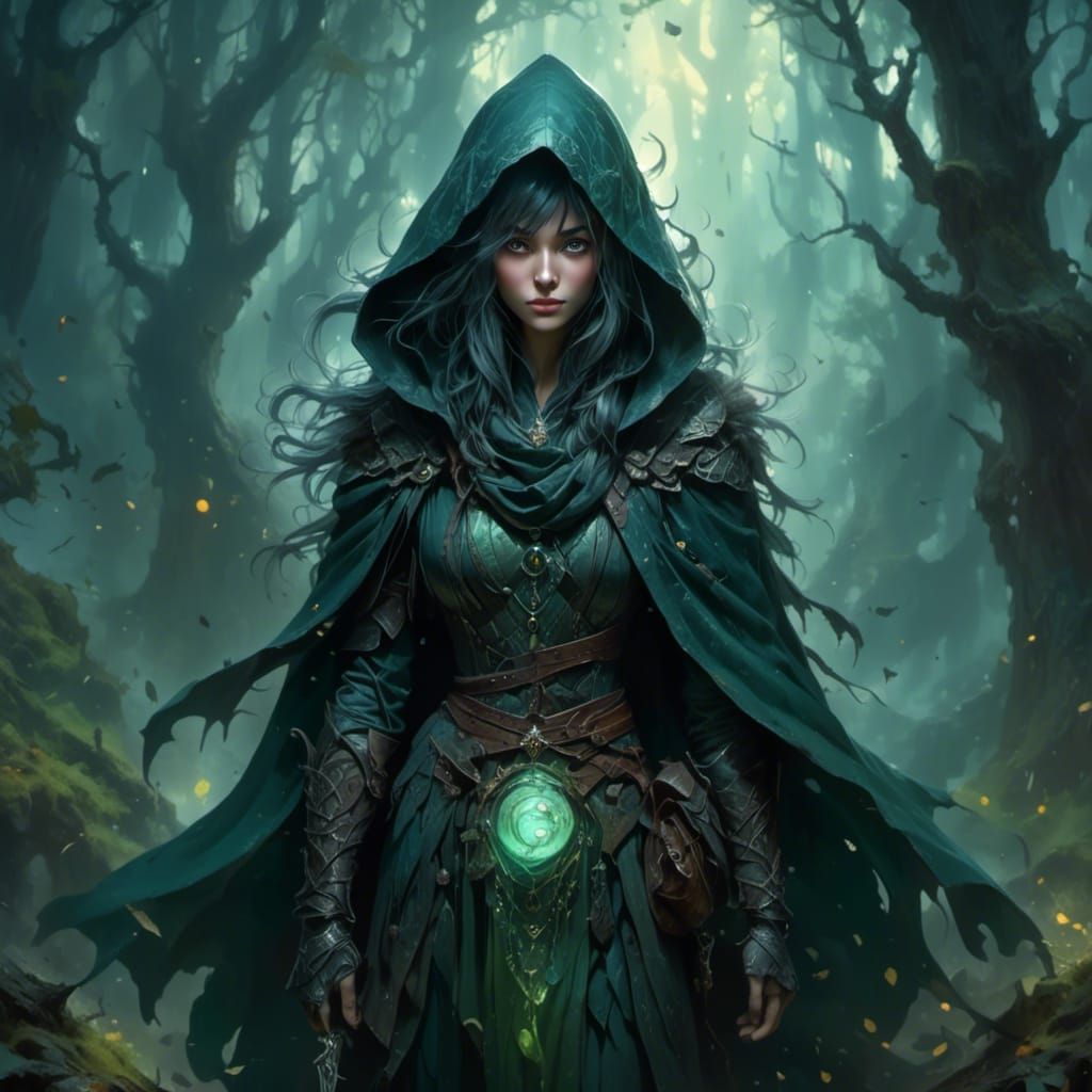 Mysterious Druid Woman in Eerie Fantasy Anime Style
