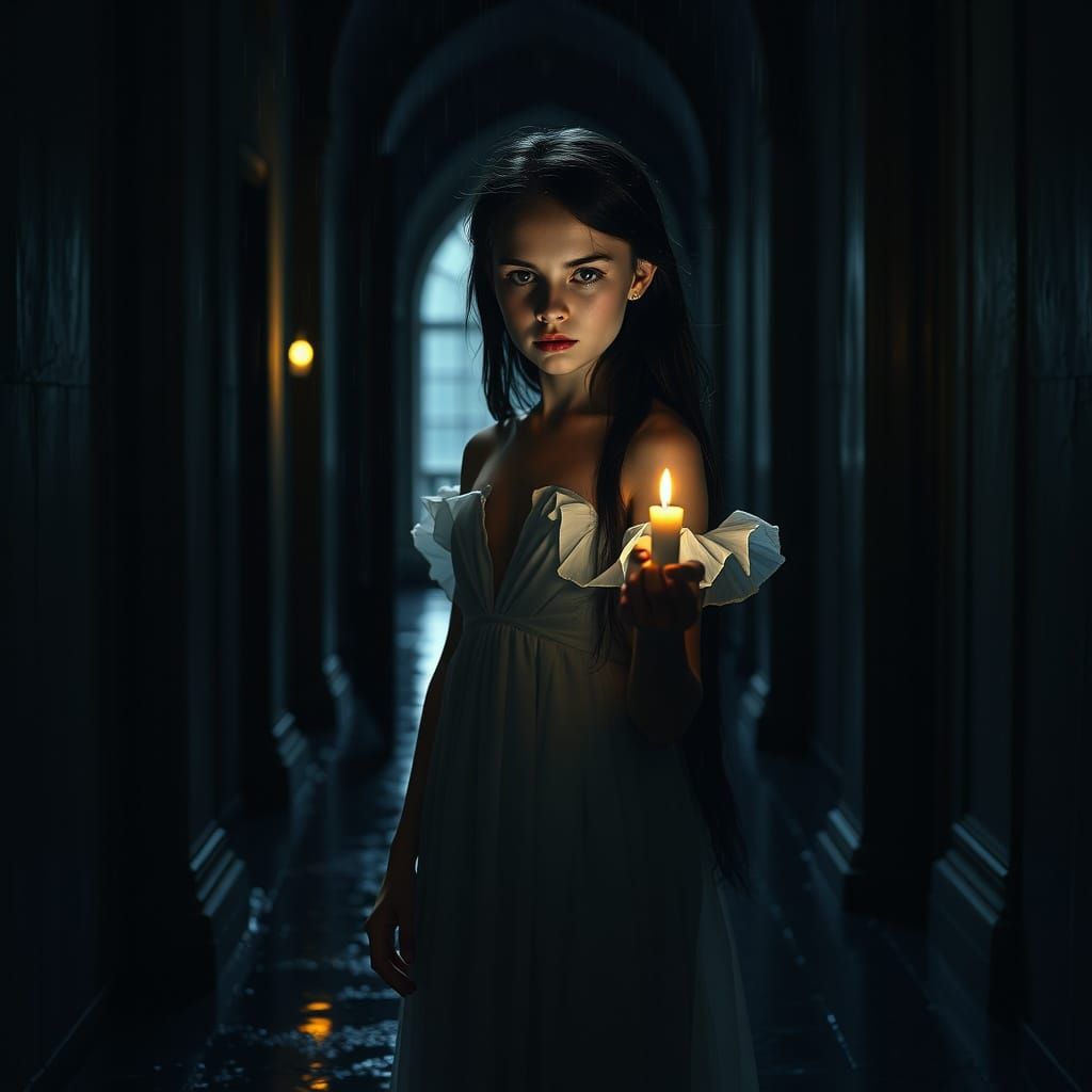 Eerie Castle Entrance: Photorealistic Girl in White Gown