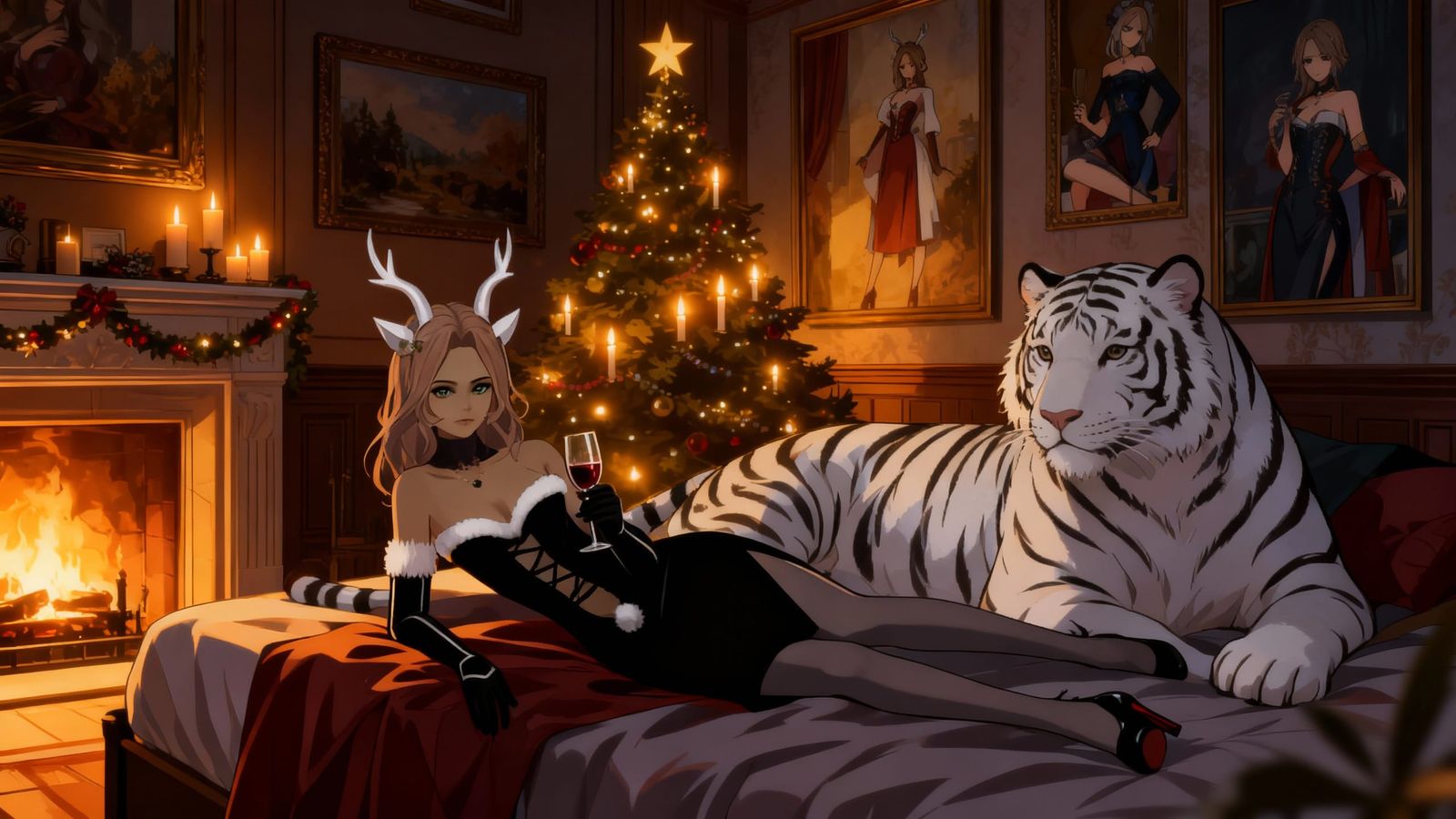 Fantasy Character Rests with White Tiger in Cozy Room