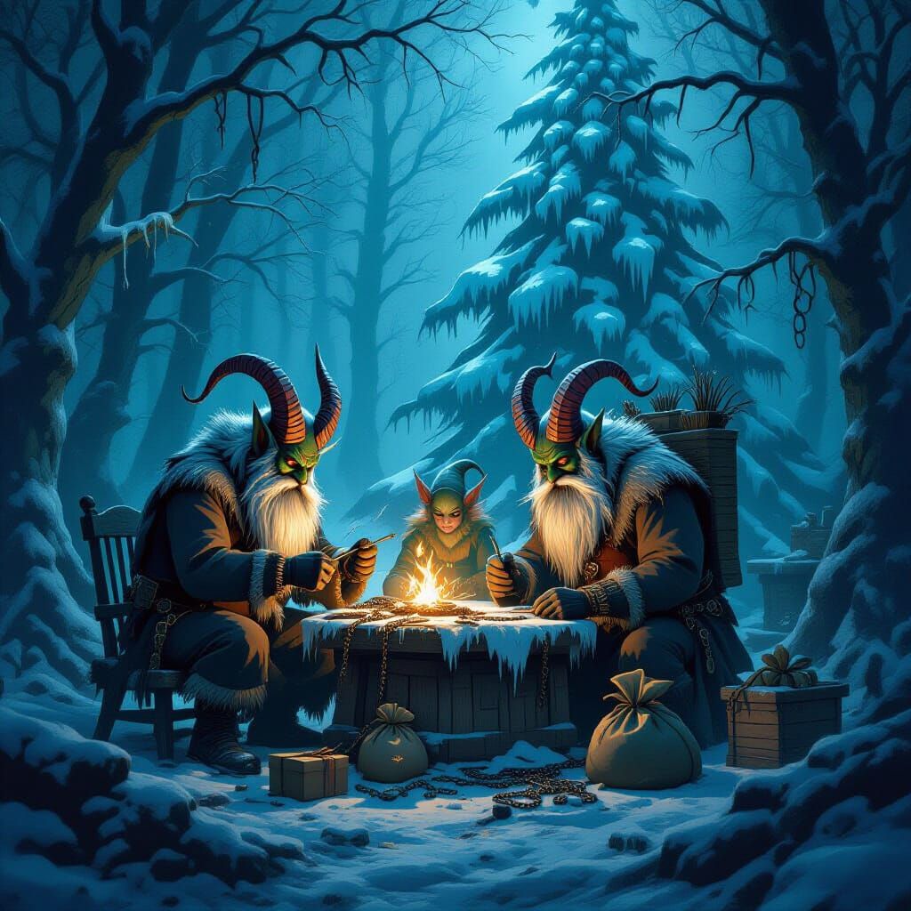 Gothic Krampus Workshop in Snowy Forest