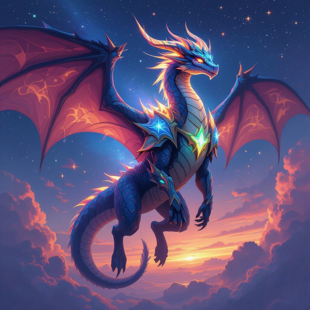 Celestial Dragon Soars Through Starry Skies in Epic Armor