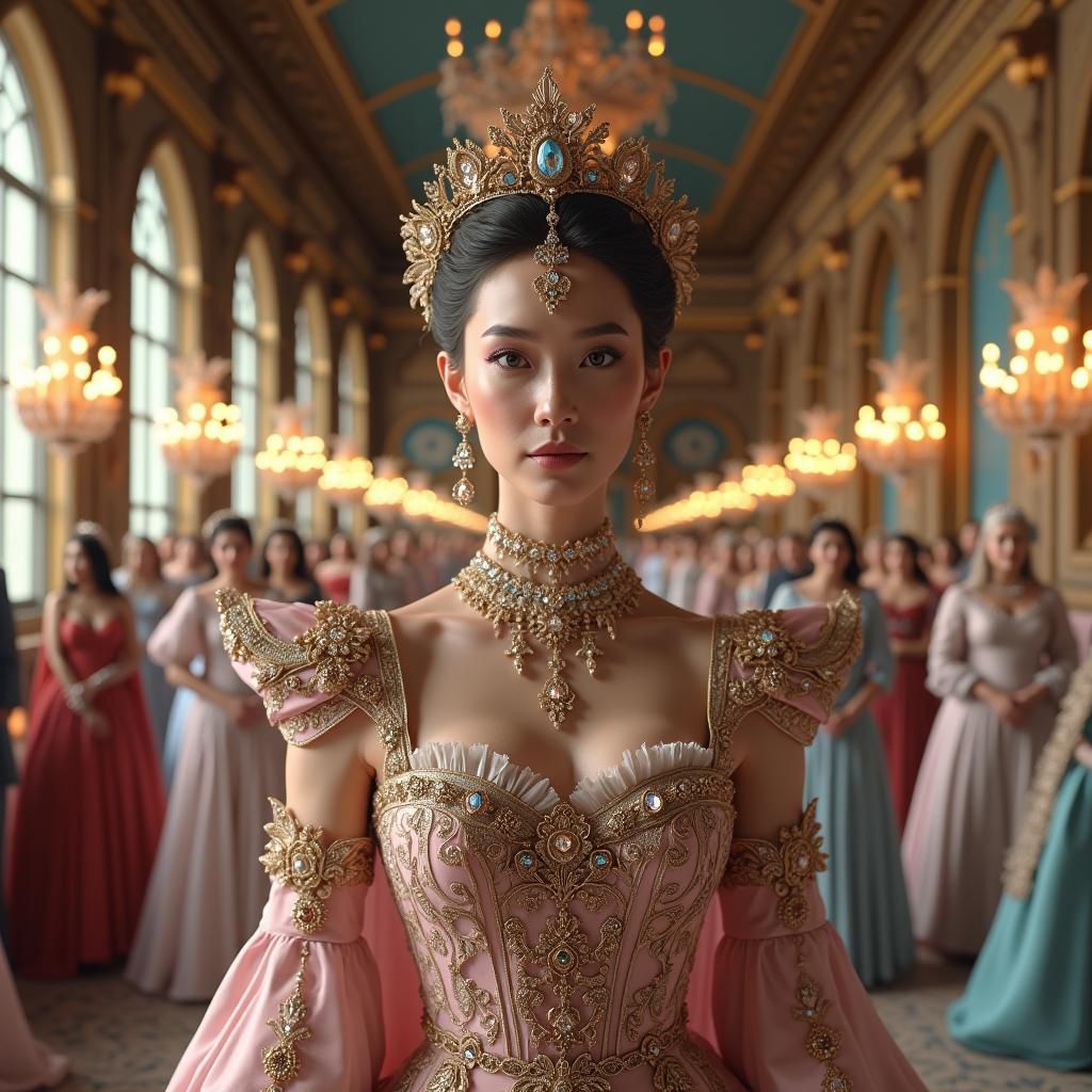 Regal Woman at Whimsical Wedding in Hyperrealistic Style