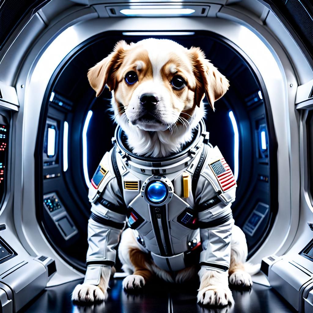 Puppy in Spacesuit Inside Spaceship: Photorealistic Portrait