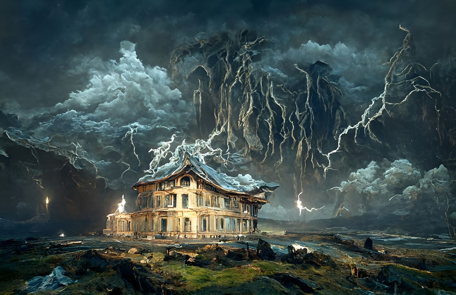 Epic Lightning Storm over House, Baroque Ukiyo-e Style