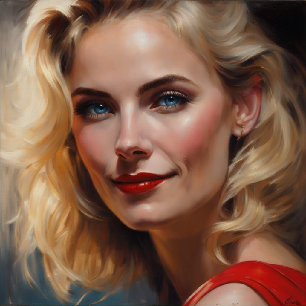 Beautiful Blond Woman Smiling in Oil Portrait