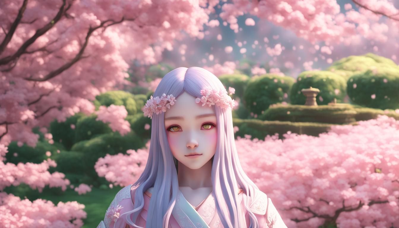 Pastel Pink Anime Woman in Cherry Blossom Garden