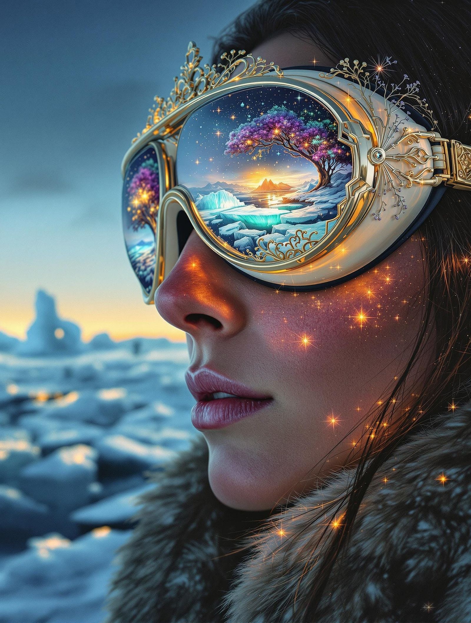 Ethereal Inuit Woman Wears Glowing Walrus Ivory Goggles in a...