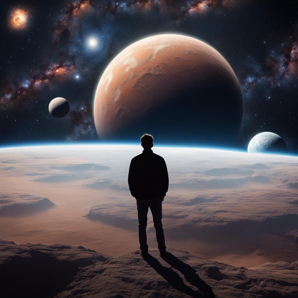 Man Gazing at the Cosmos with Giant Planets