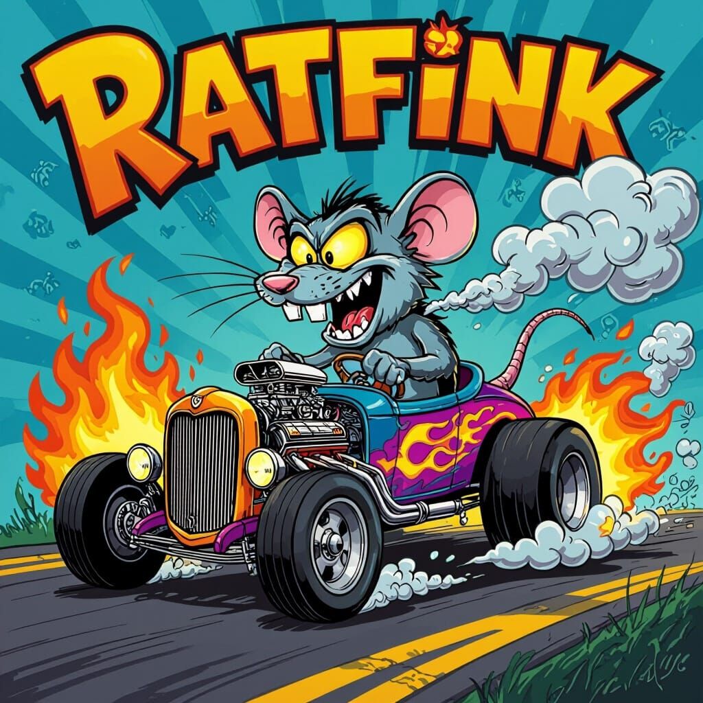 Ratfink Creature Drives Hotrod in Vibrant Psychedelic Illust...