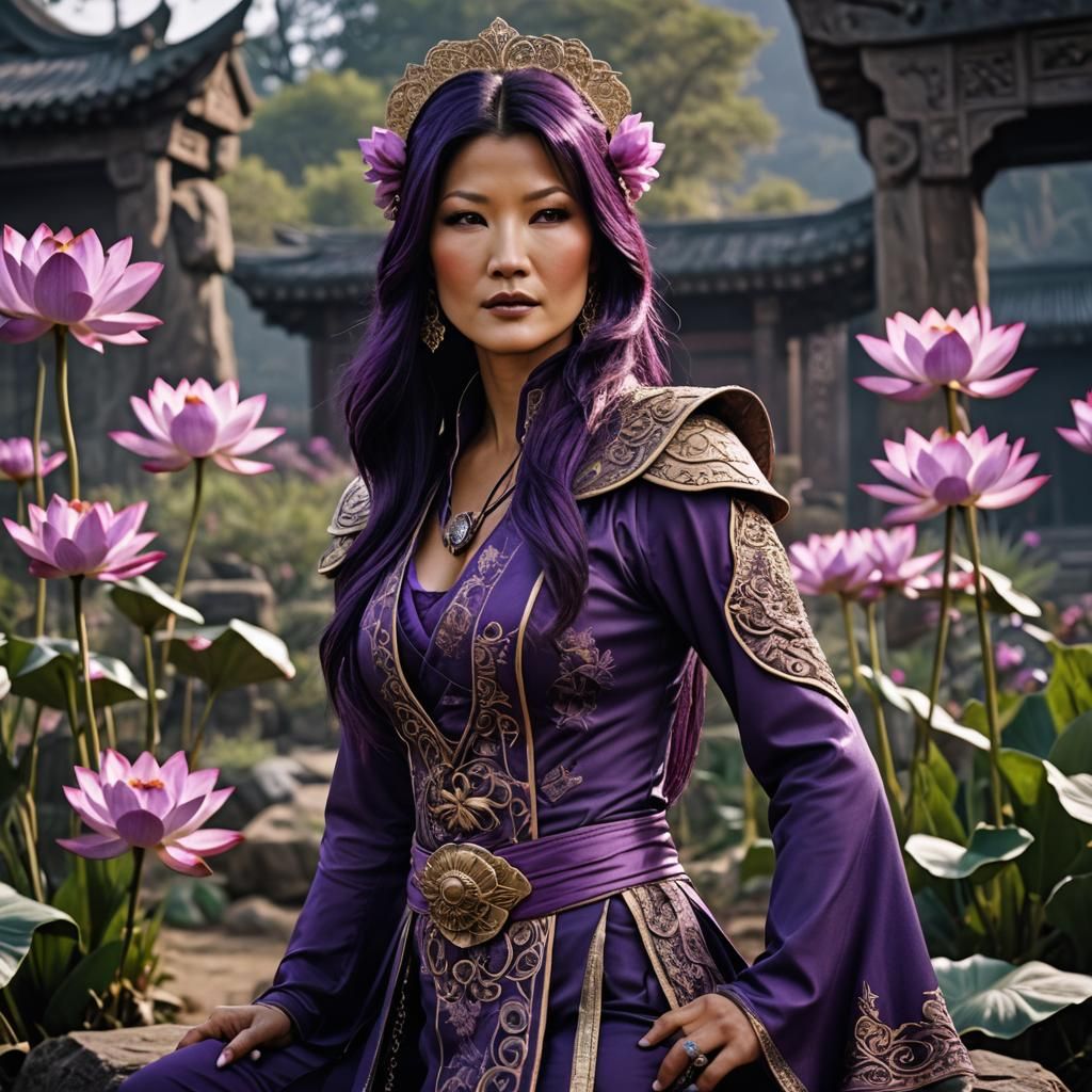 Kelly Hu with Purple Lotus Flower, Cinematic Film Still