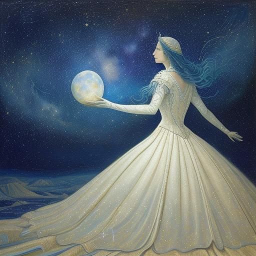Woman Gazing at Starry Sky in Surreal Oil Painting