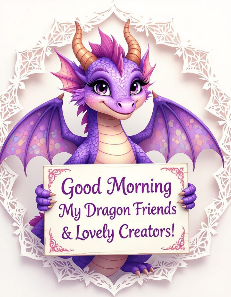 Smiling Purple Dragon with Origami Papercraft Background