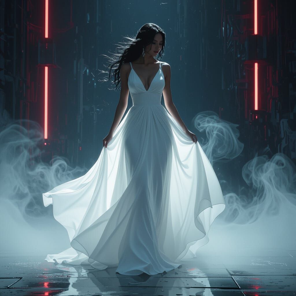 Ethereal Woman Transforms into Shadowy Silhouette