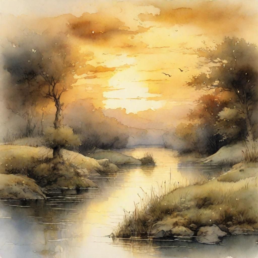 Watercolor River Scene at Sunset