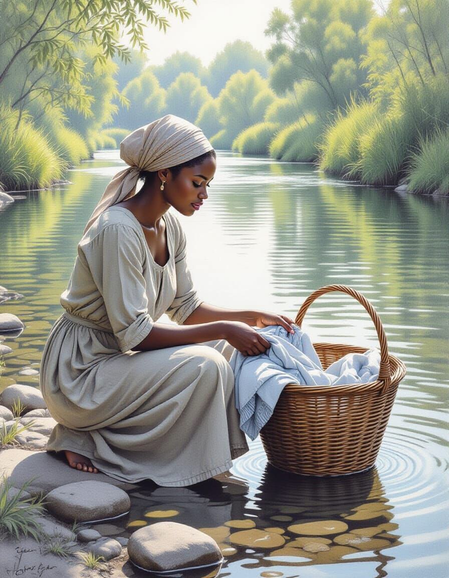Woman Washing Clothes by River in Graphite Pencil Style
