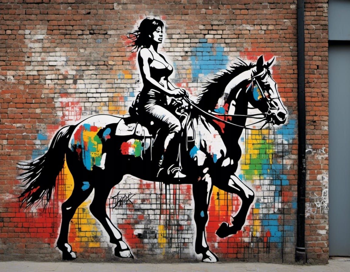 Muscular Woman on Horse in Neo-Expressionist Graffiti