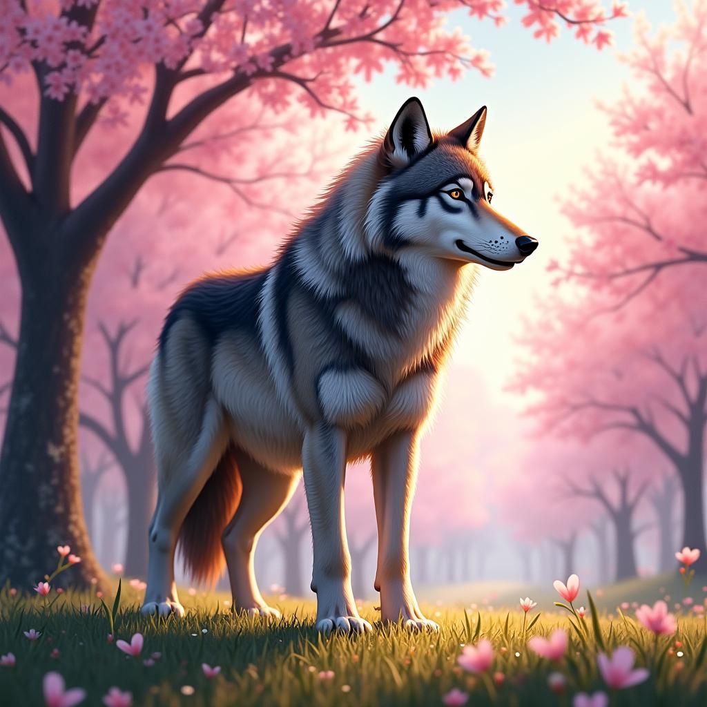 Majestic Wolf in Cherry Blossom Landscape