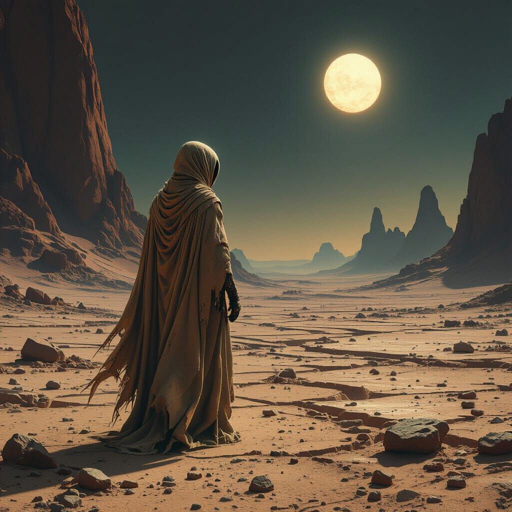 A lone alien wanders through a desolate, otherworldly landsc...