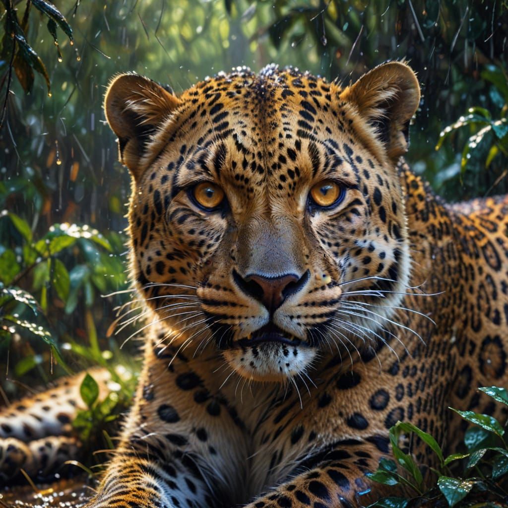 Leopard's Intense Gaze in Rainy Forest Oil Painting