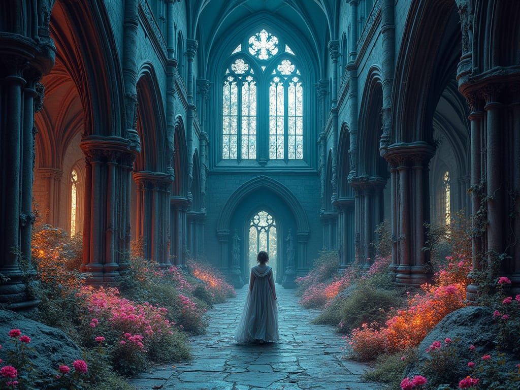 Bioluminescent Flora Overruns Gothic Cathedral in Surreal St...