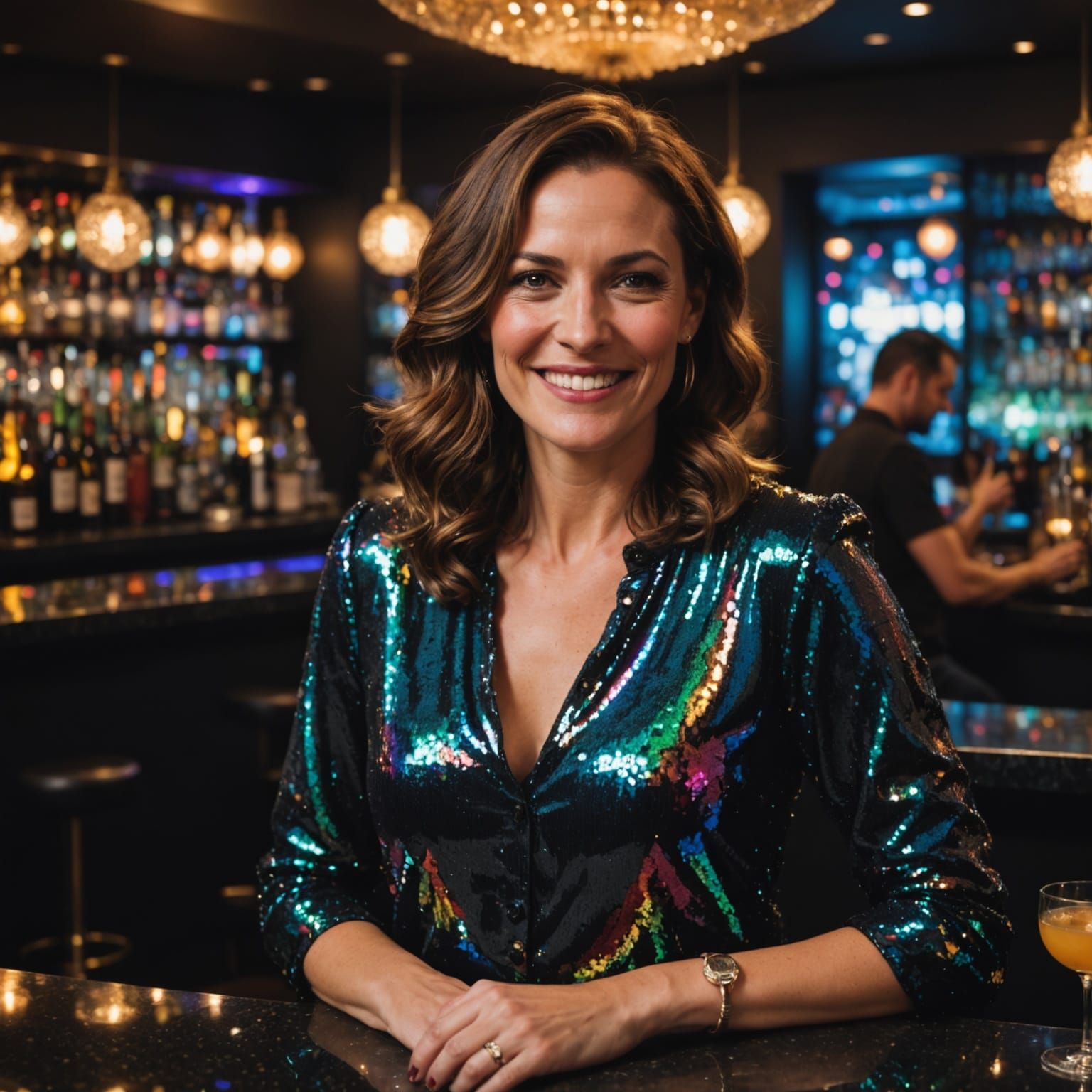 Woman Mixes Cocktail in Luxurious Nightclub: Photorealistic