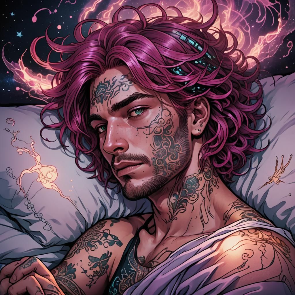 Bioluminescent Comic Art: Magenta Haired Man in Bed