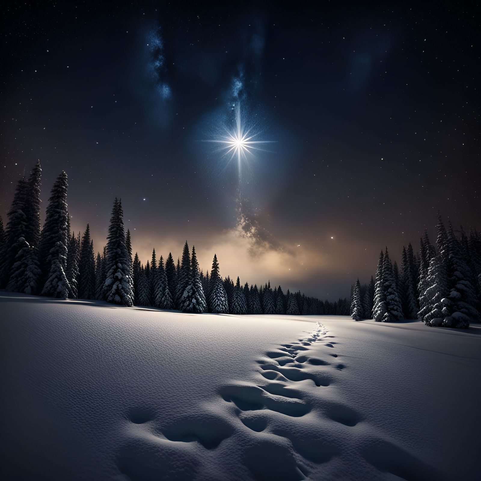 Hyperrealistic Winter Star Over Snowy Field