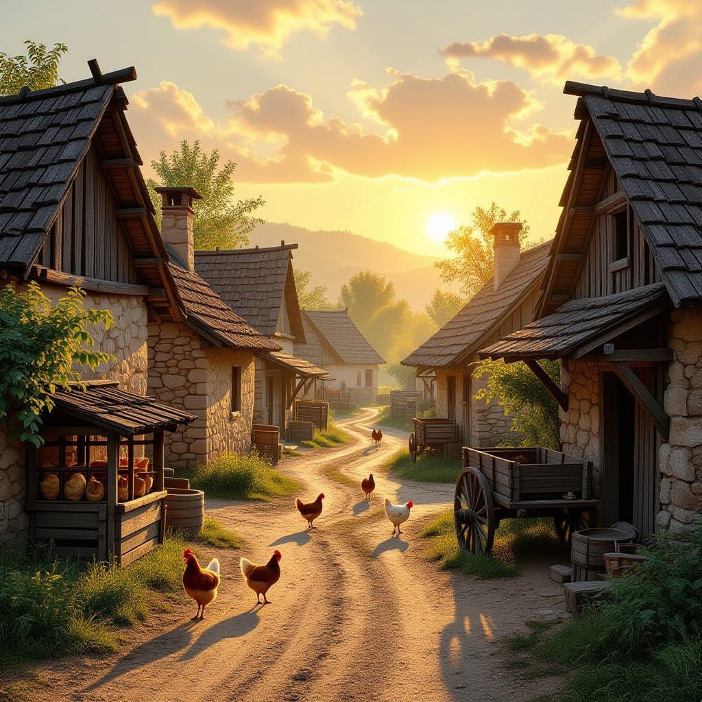 Rustic Village at Golden Hour: Digital Painting
