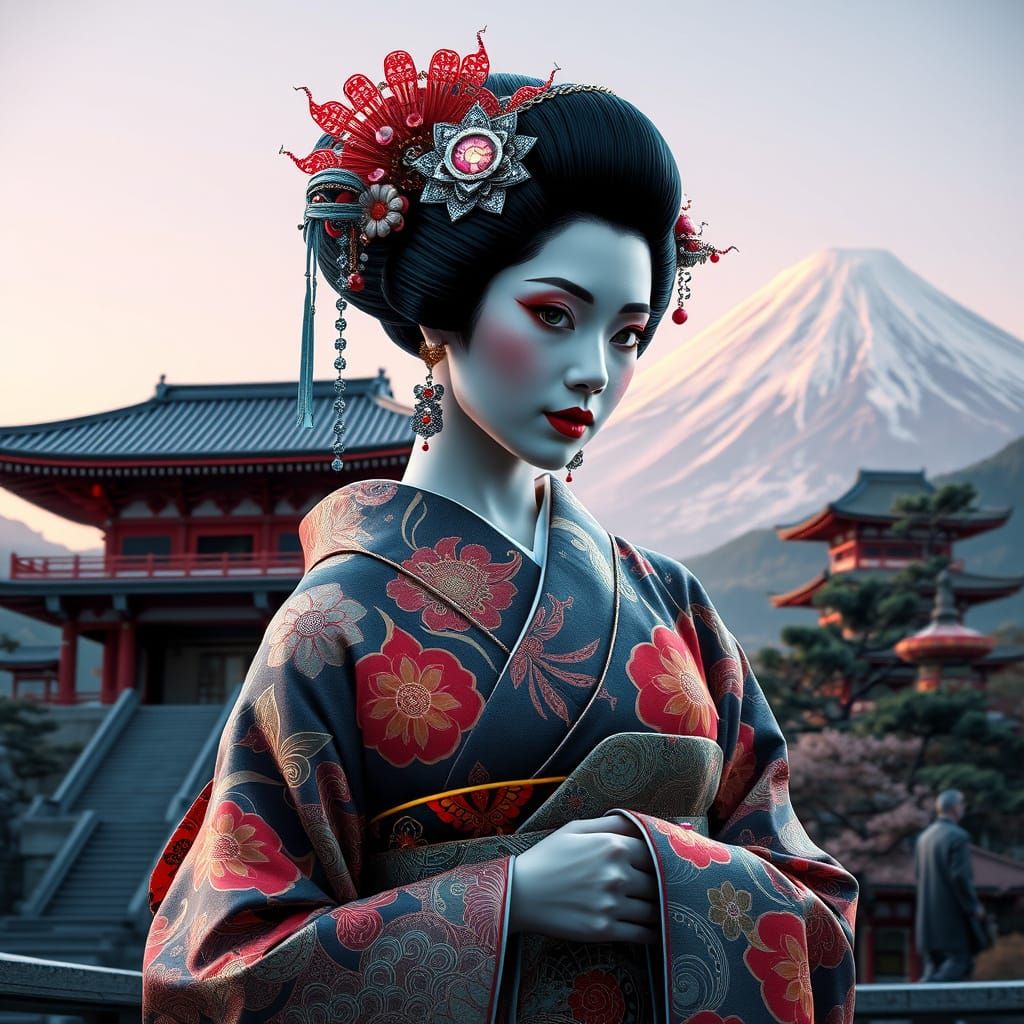 A portrait of a beautiful geisha at Japanese temple.