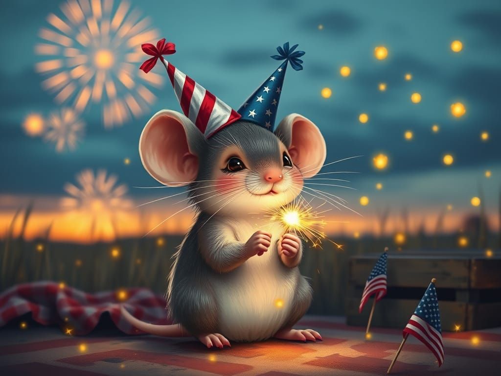 Adorable Mouse Celebrates with Sparkler at Dusk